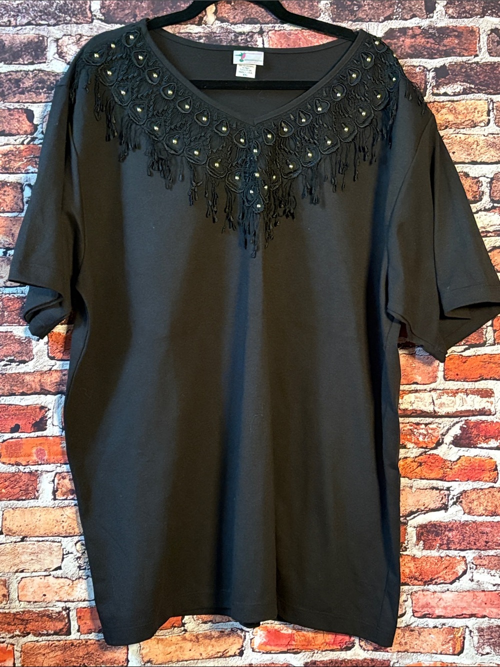Vintage Hummingbird Black Short-Sleeve Top with Beaded Fringe V-Neck XXL